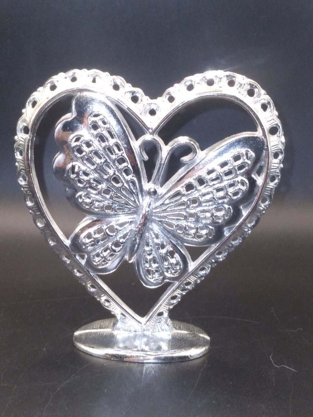 Holder For post Earrings Stand Vanity Silver Metal Butterfly & Heart
